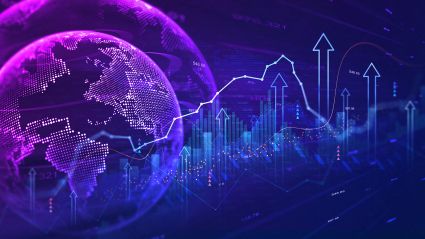 An abstract image of various blue and purple ombre colors meaning to depict economics, showing a graphic of an Earth globe and a X-axis line for a graph with ambiguous arrows pointing upwards.