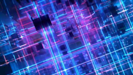 A graphic of various blue and purple lines staggered in a three-dimensional way to signify tech.