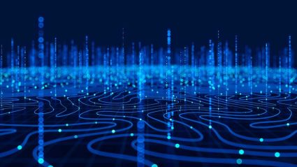 An abstract graphic with a dark blue background with various wavy and vertical technology-like lines all over, indicating FinTech.