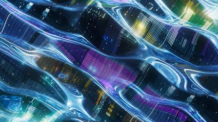An abstract graphic of liquid-like waves and wavy lines of various colors, including blue and purple.