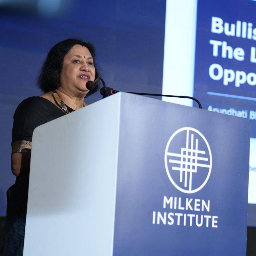 person speaking at a milken institute global dinner dialogues in Mumbai